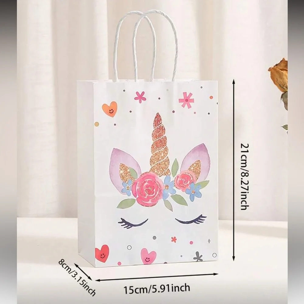 8 Unicorn Party Paper Kraft Gift Bags - White and Gold